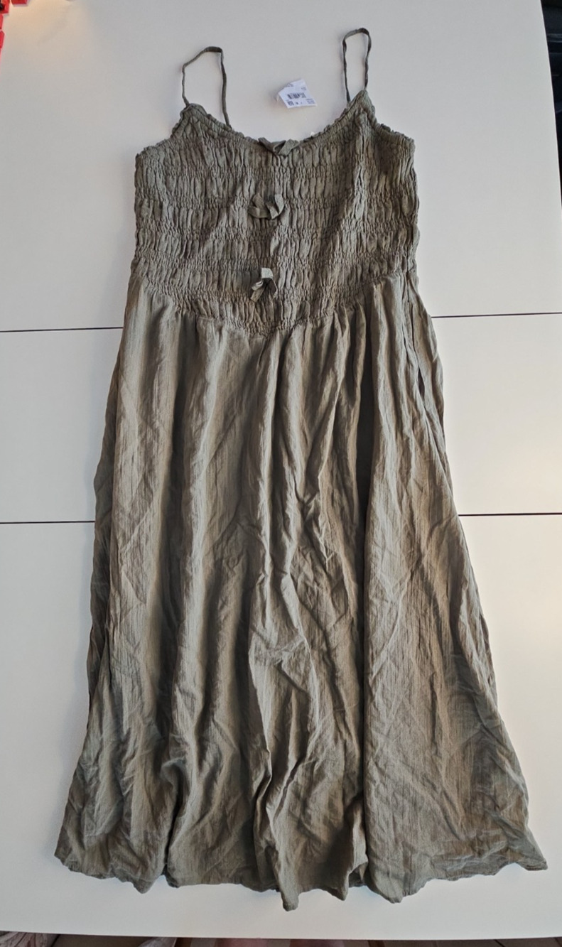 American Eagle Catie Corset Maxi Dress L Olive Green Smocked Bow Cotton Boho